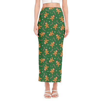 Christmas Gingerbread Pattern Print Side Slit Maxi Skirt