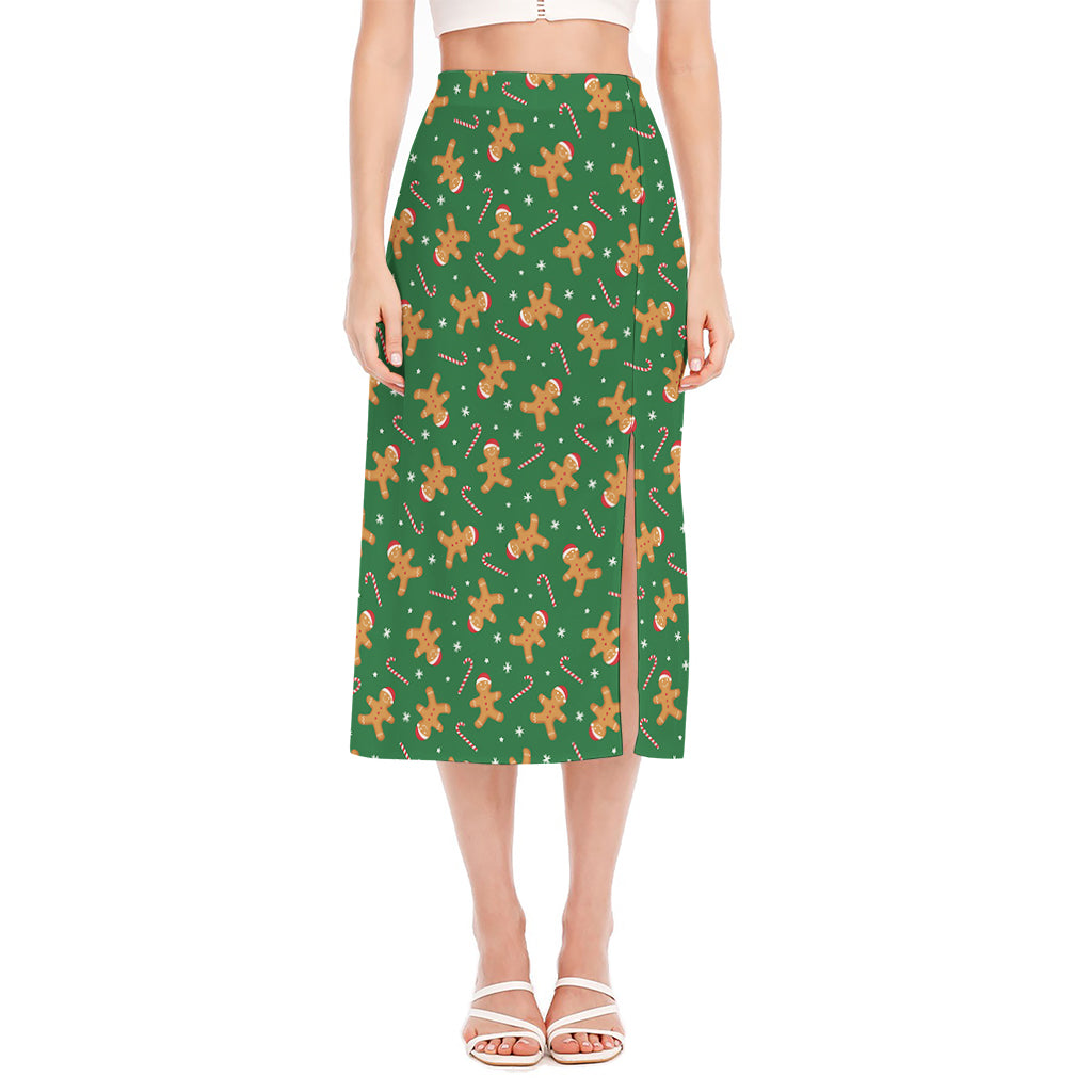 Christmas Gingerbread Pattern Print Side Slit Midi Skirt