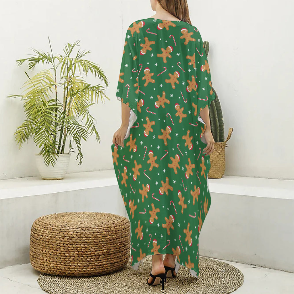 Christmas Gingerbread Pattern Print Silk V-Neck Kaftan Dress