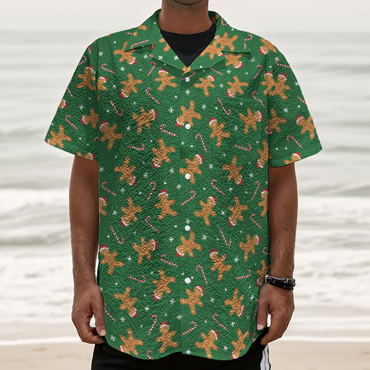 Christmas Gingerbread Pattern Print Textured Short Sleeve Shirt