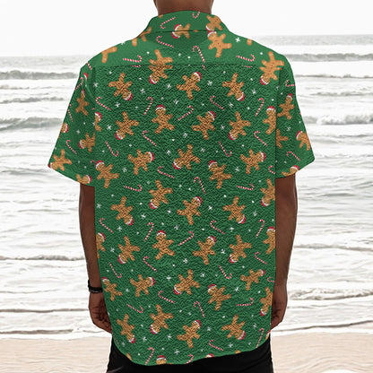 Christmas Gingerbread Pattern Print Textured Short Sleeve Shirt