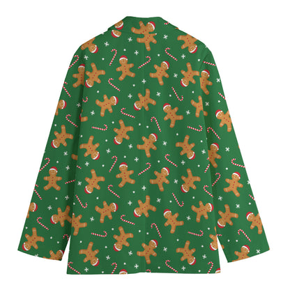 Christmas Gingerbread Pattern Print Women's Cotton Blazer