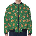 Christmas Gingerbread Pattern Print Zip Sleeve Bomber Jacket