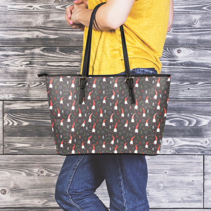 Christmas Gnomes Pattern Print Leather Tote Bag