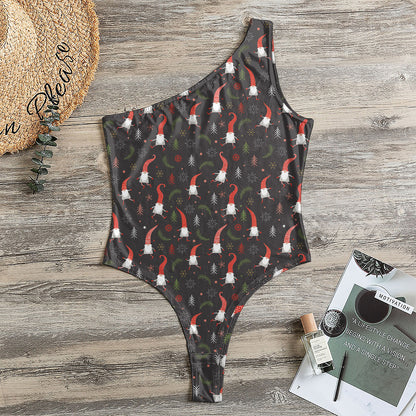 Christmas Gnomes Pattern Print One Shoulder Bodysuit