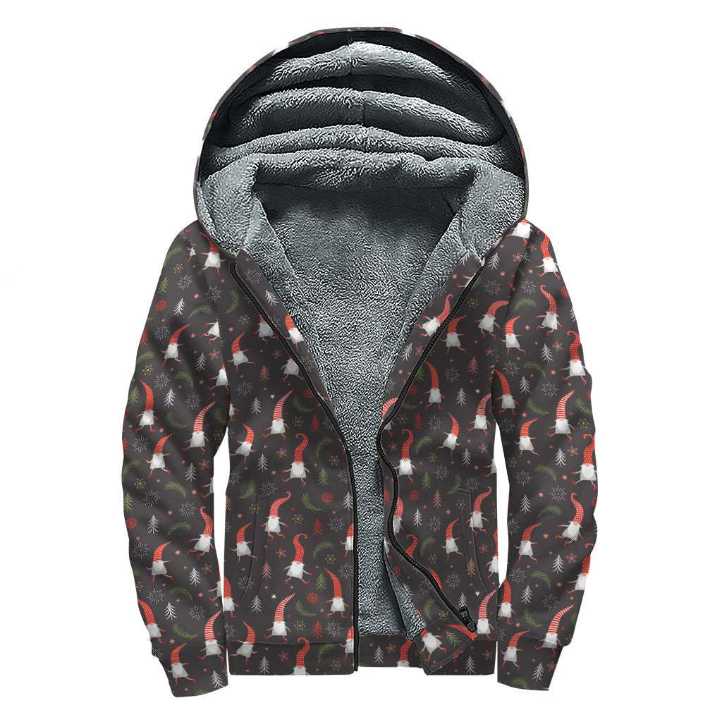 Christmas Gnomes Pattern Print Sherpa Lined Zip Up Hoodie