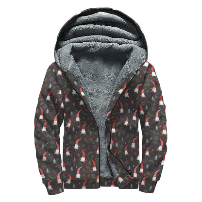 Christmas Gnomes Pattern Print Sherpa Lined Zip Up Hoodie