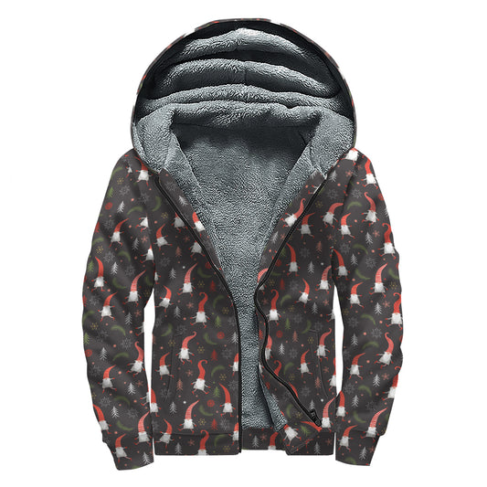 Christmas Gnomes Pattern Print Sherpa Lined Zip Up Hoodie