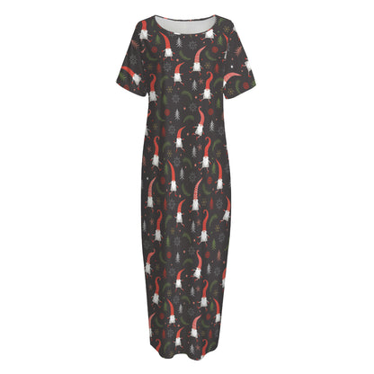 Christmas Gnomes Pattern Print Short Sleeve Long Nightdress