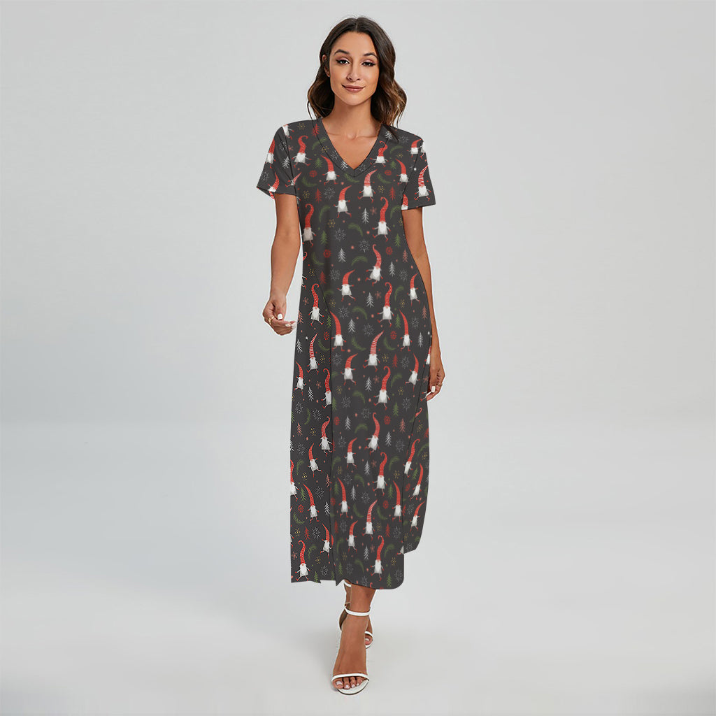 Christmas Gnomes Pattern Print Short Sleeve Maxi Dress