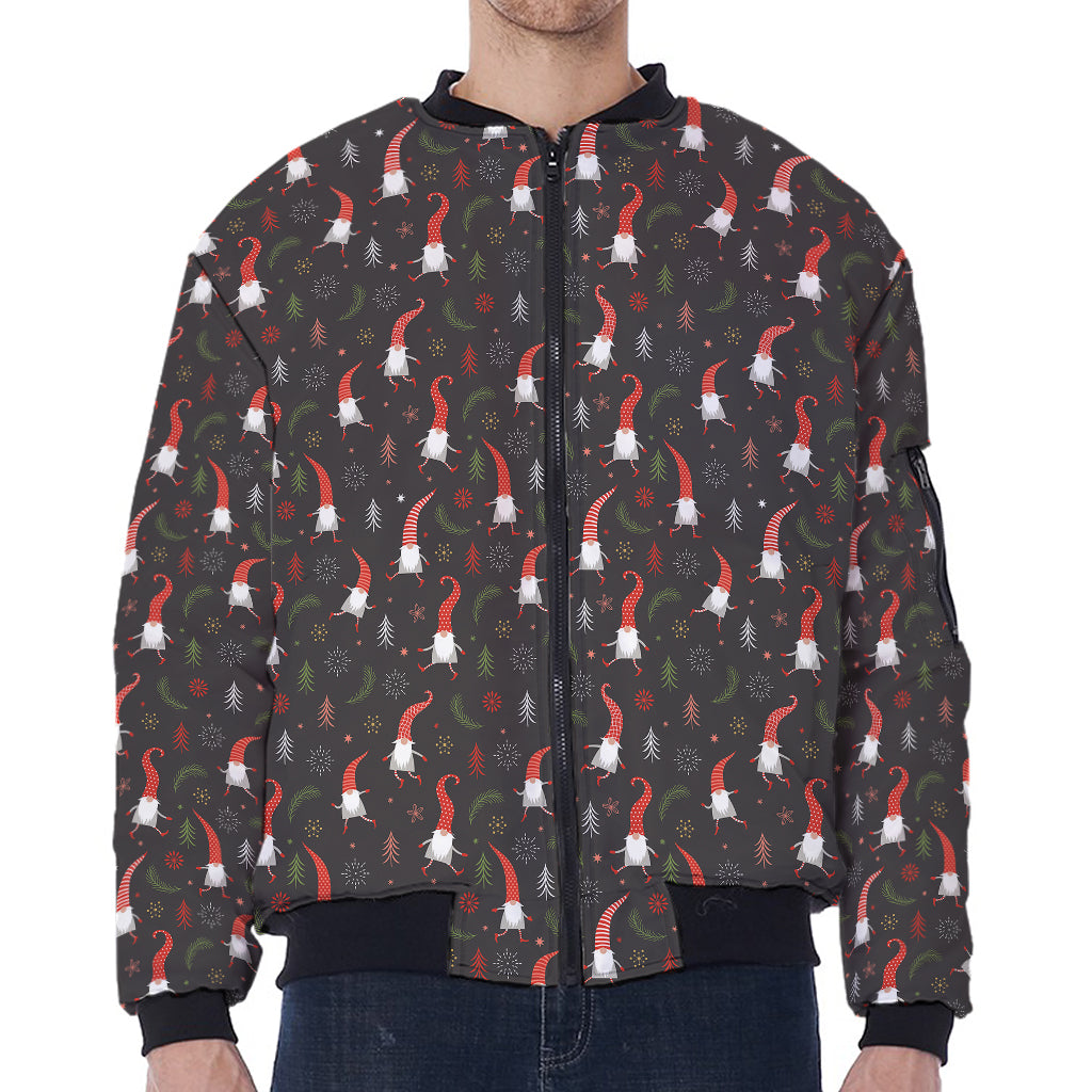 Christmas Gnomes Pattern Print Zip Sleeve Bomber Jacket