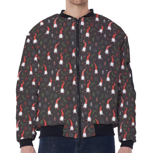 Christmas Gnomes Pattern Print Zip Sleeve Bomber Jacket