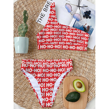 Christmas Ho Ho Ho Pattern Print One Shoulder Bikini Top