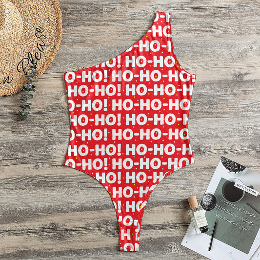 Christmas Ho Ho Ho Pattern Print One Shoulder Bodysuit