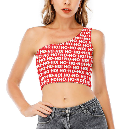 Christmas Ho Ho Ho Pattern Print One Shoulder Crop Top