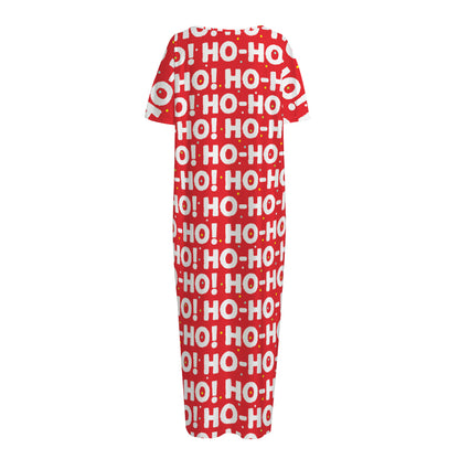 Christmas Ho Ho Ho Pattern Print Short Sleeve Long Nightdress