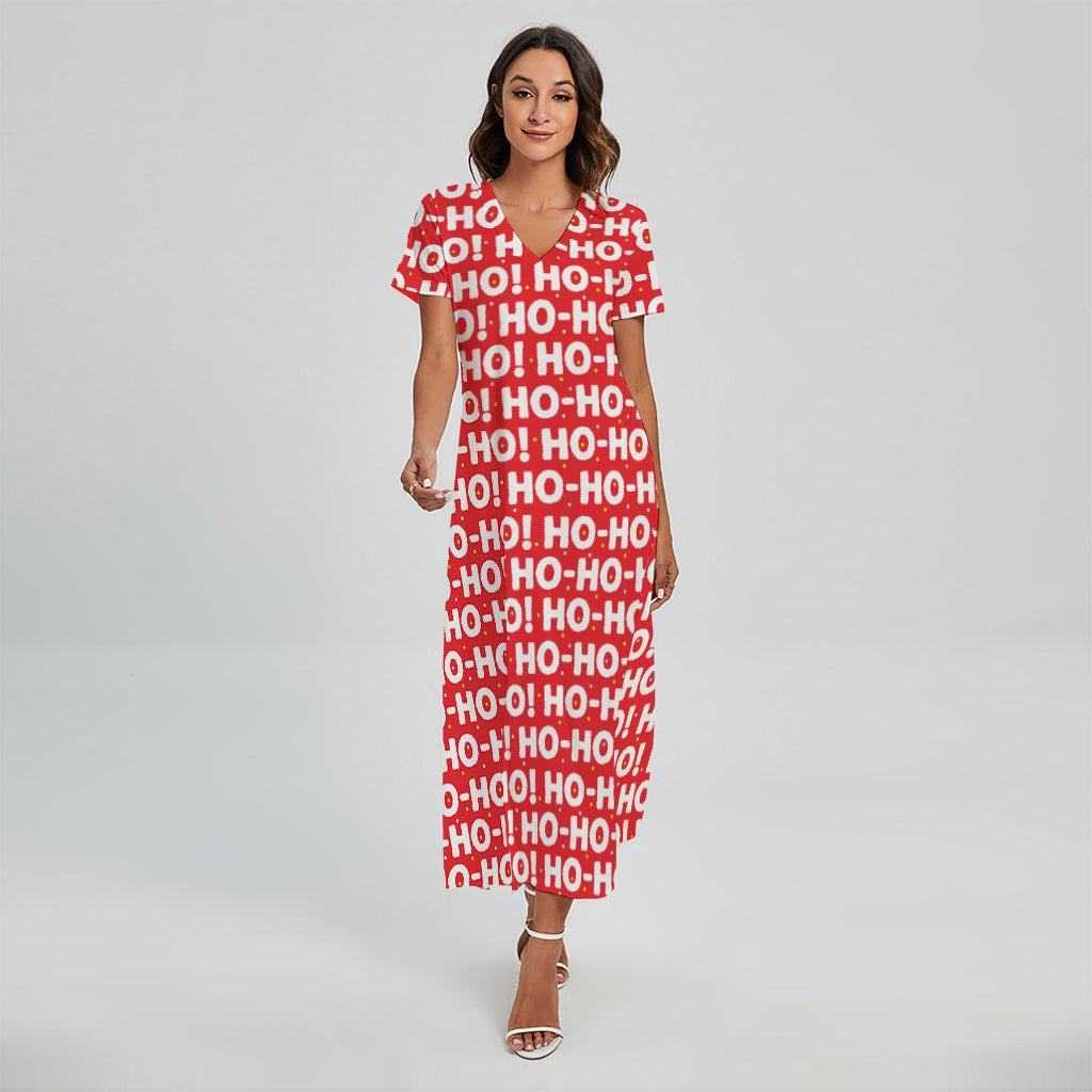 Christmas Ho Ho Ho Pattern Print Short Sleeve Maxi Dress