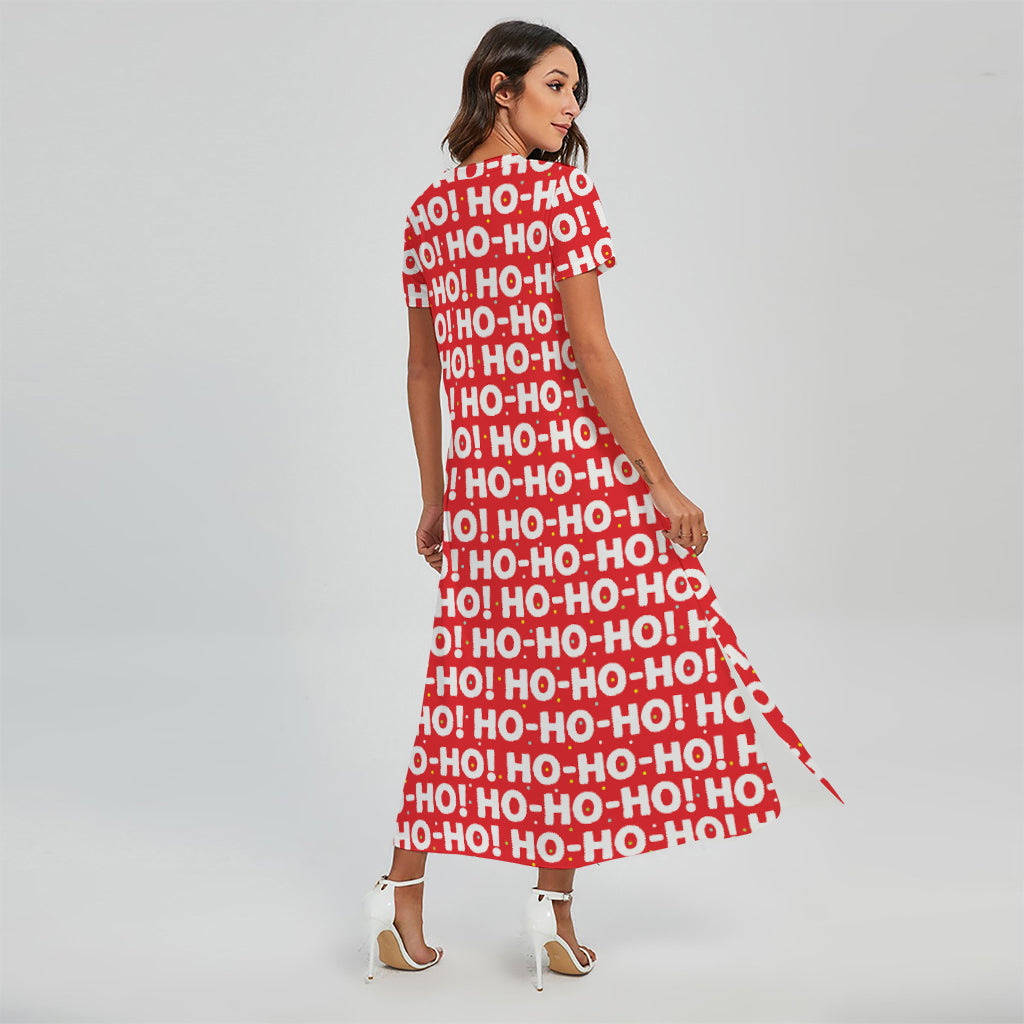 Christmas Ho Ho Ho Pattern Print Short Sleeve Maxi Dress