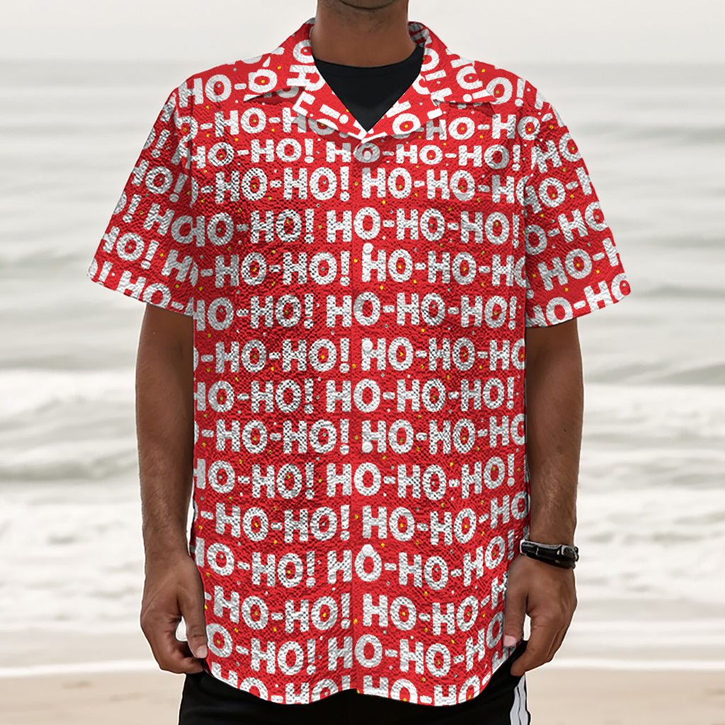 Christmas Ho Ho Ho Pattern Print Textured Short Sleeve Shirt
