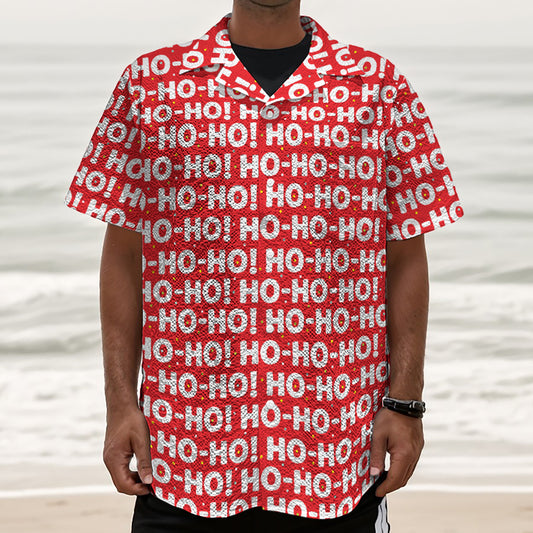 Christmas Ho Ho Ho Pattern Print Textured Short Sleeve Shirt
