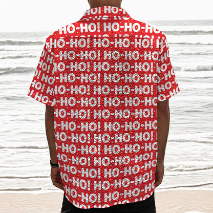 Christmas Ho Ho Ho Pattern Print Textured Short Sleeve Shirt