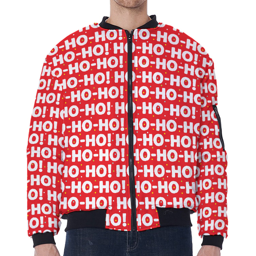 Christmas Ho Ho Ho Pattern Print Zip Sleeve Bomber Jacket