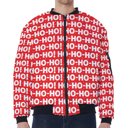 Christmas Ho Ho Ho Pattern Print Zip Sleeve Bomber Jacket