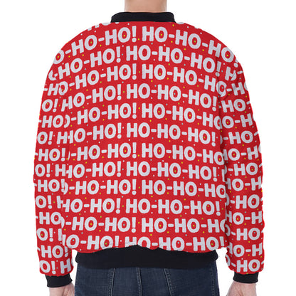Christmas Ho Ho Ho Pattern Print Zip Sleeve Bomber Jacket