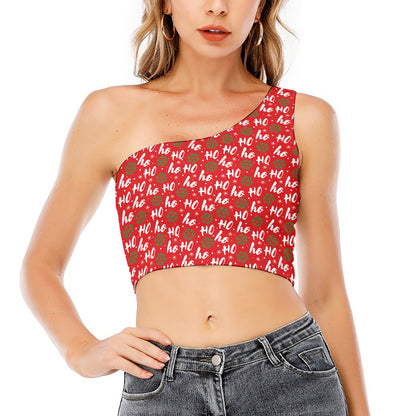 Christmas Hohoho Santa Claus Laugh Print One Shoulder Crop Top
