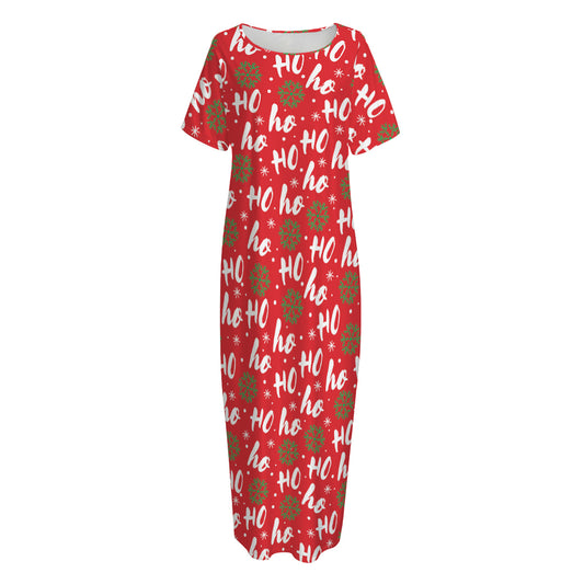 Christmas Hohoho Santa Claus Laugh Print Short Sleeve Long Nightdress