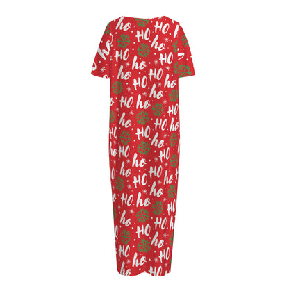 Christmas Hohoho Santa Claus Laugh Print Short Sleeve Long Nightdress
