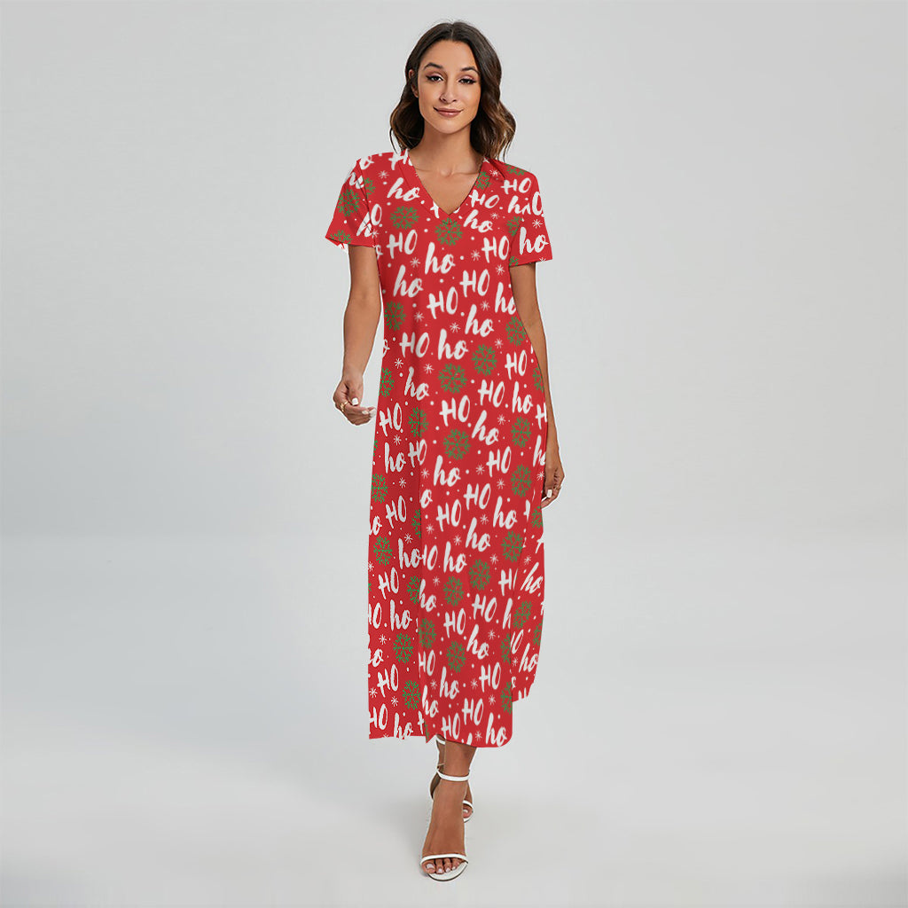 Christmas Hohoho Santa Claus Laugh Print Short Sleeve Maxi Dress