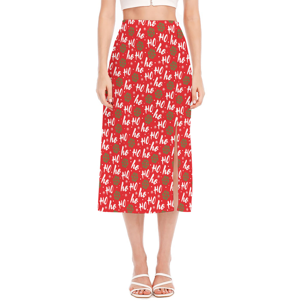 Christmas Hohoho Santa Claus Laugh Print Side Slit Midi Skirt