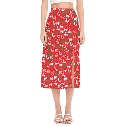 Christmas Hohoho Santa Claus Laugh Print Side Slit Midi Skirt