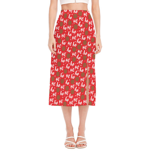 Christmas Hohoho Santa Claus Laugh Print Side Slit Midi Skirt