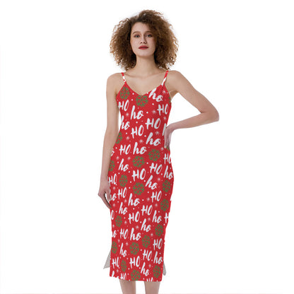 Christmas Hohoho Santa Claus Laugh Print Slim Fit Midi Cami Dress
