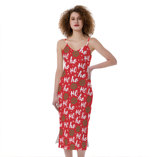 Christmas Hohoho Santa Claus Laugh Print Slim Fit Midi Cami Dress