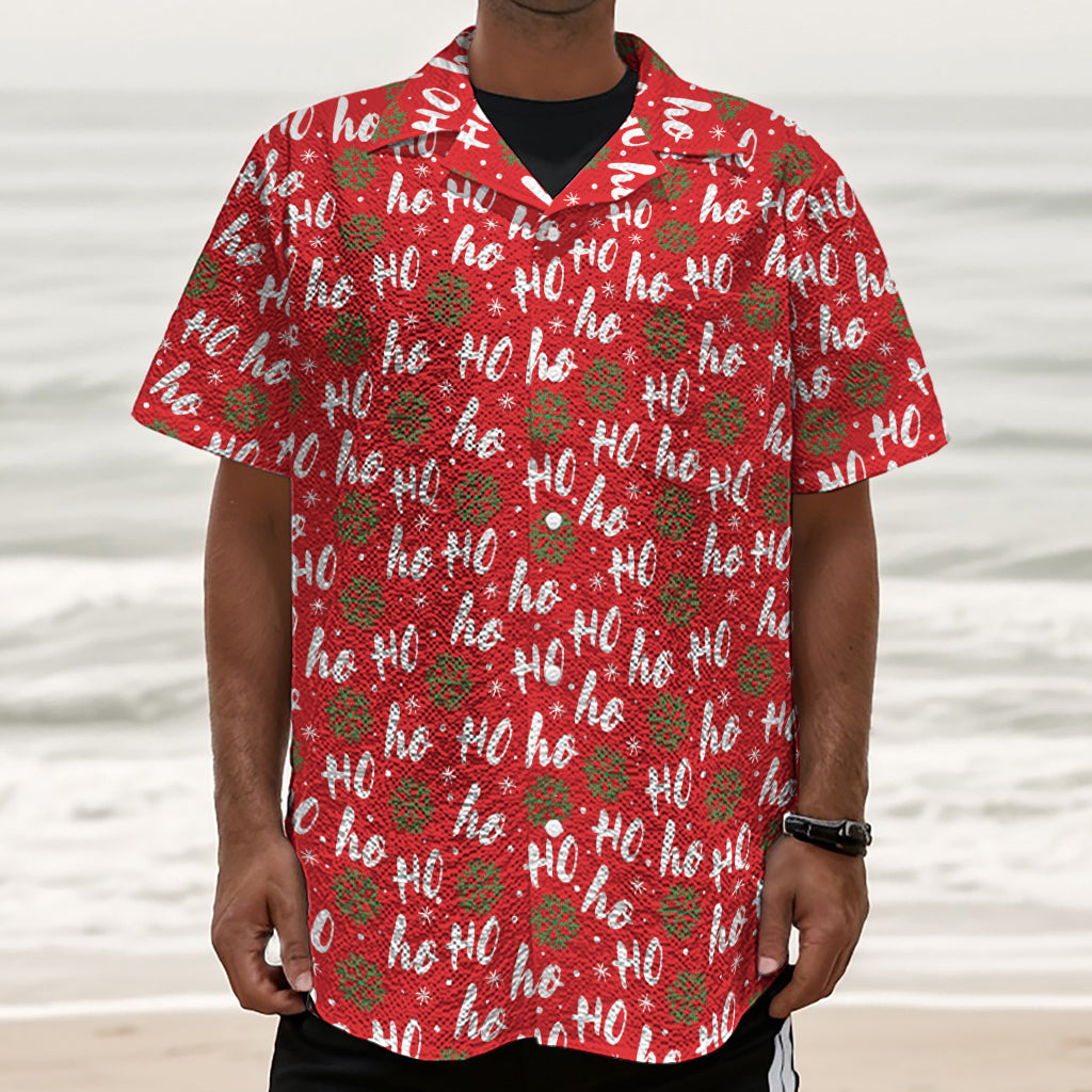 Christmas Hohoho Santa Claus Laugh Print Textured Short Sleeve Shirt