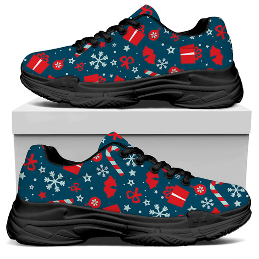 Christmas Holiday Elements Pattern Print Black Chunky Shoes