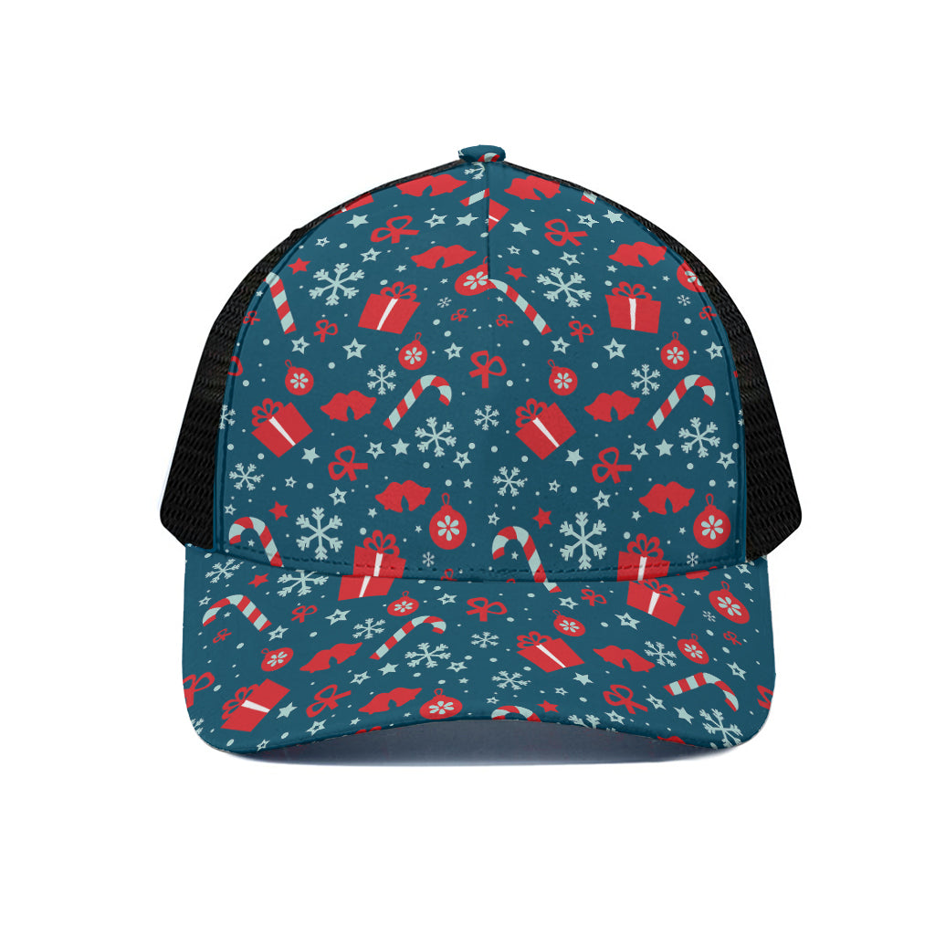 Christmas Holiday Elements Pattern Print Black Mesh Trucker Cap