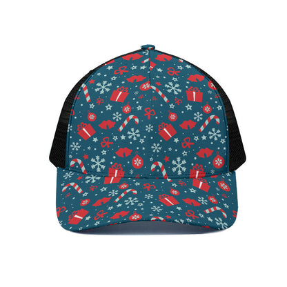Christmas Holiday Elements Pattern Print Black Mesh Trucker Cap