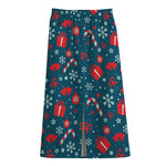 Christmas Holiday Elements Pattern Print Cotton Front Slit Maxi Skirt