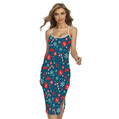 Christmas Holiday Elements Pattern Print Cross Back Cami Dress