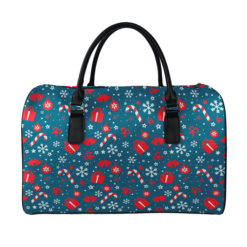 Christmas Holiday Elements Pattern Print Leather Duffle Bag