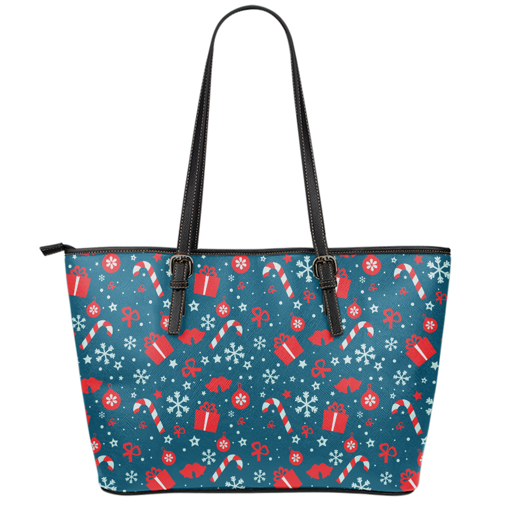 Christmas Holiday Elements Pattern Print Leather Tote Bag