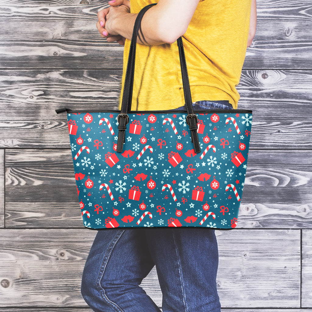 Christmas Holiday Elements Pattern Print Leather Tote Bag