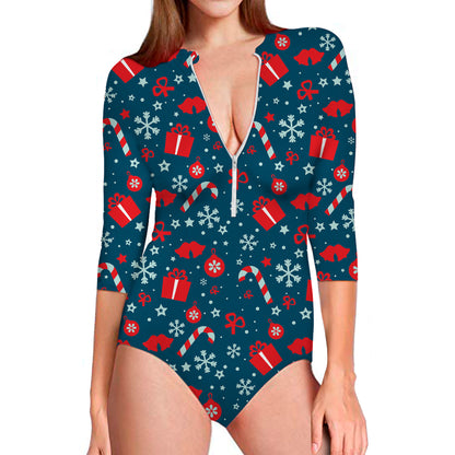 Christmas Holiday Elements Pattern Print Long Sleeve Swimsuit