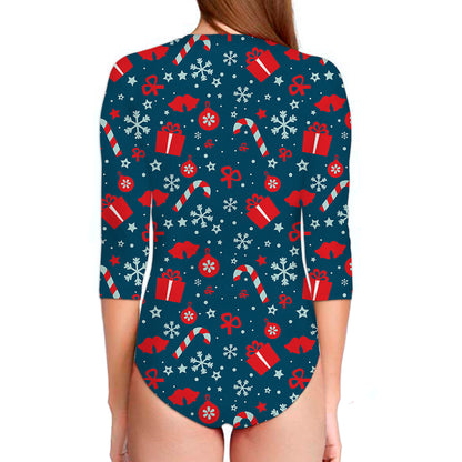 Christmas Holiday Elements Pattern Print Long Sleeve Swimsuit
