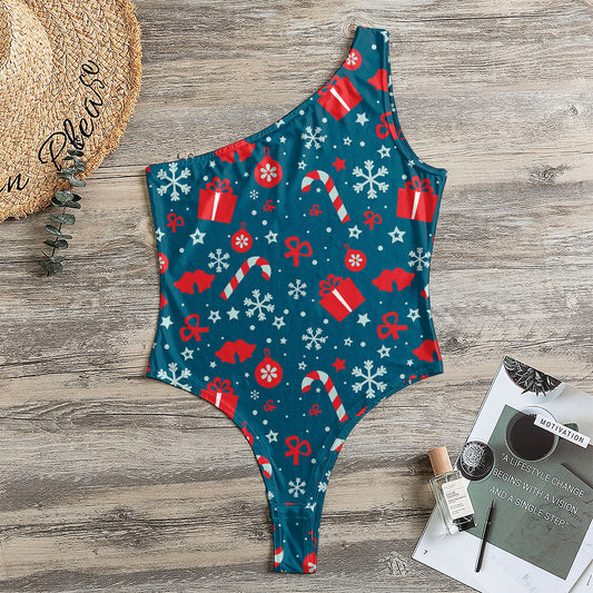 Christmas Holiday Elements Pattern Print One Shoulder Bodysuit