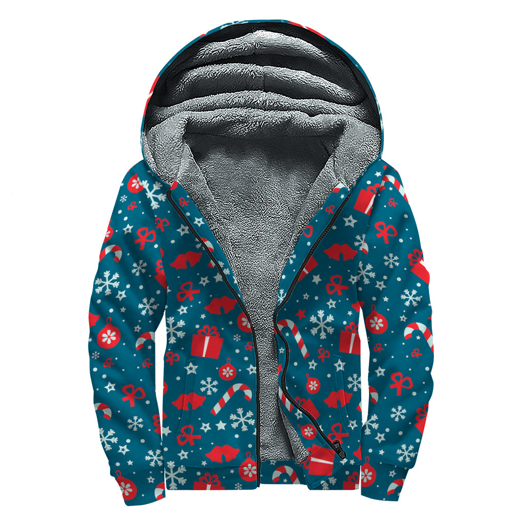 Christmas Holiday Elements Pattern Print Sherpa Lined Zip Up Hoodie